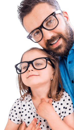 man and daughter smiling together in glasses 
